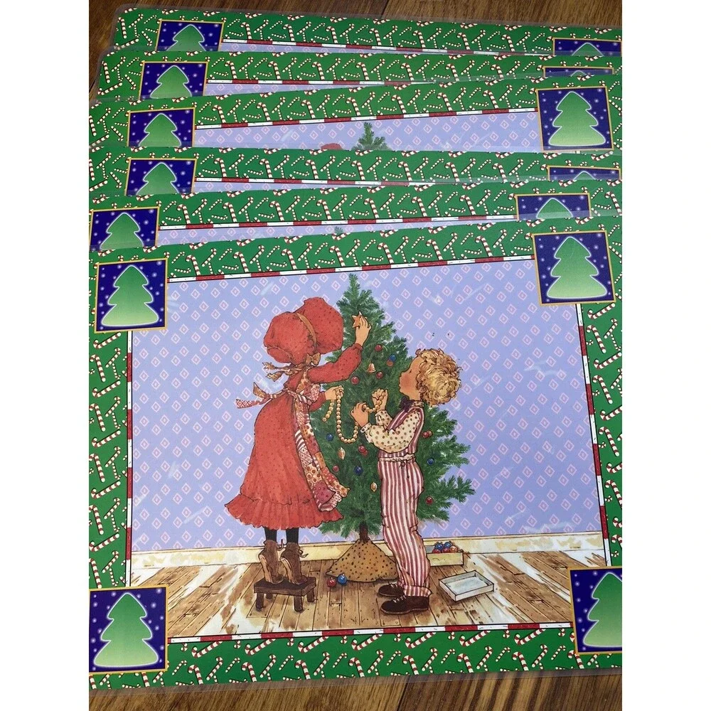 Vintage Holly Hobby Christmas Placemats Made USA Coated Colorful Holiday